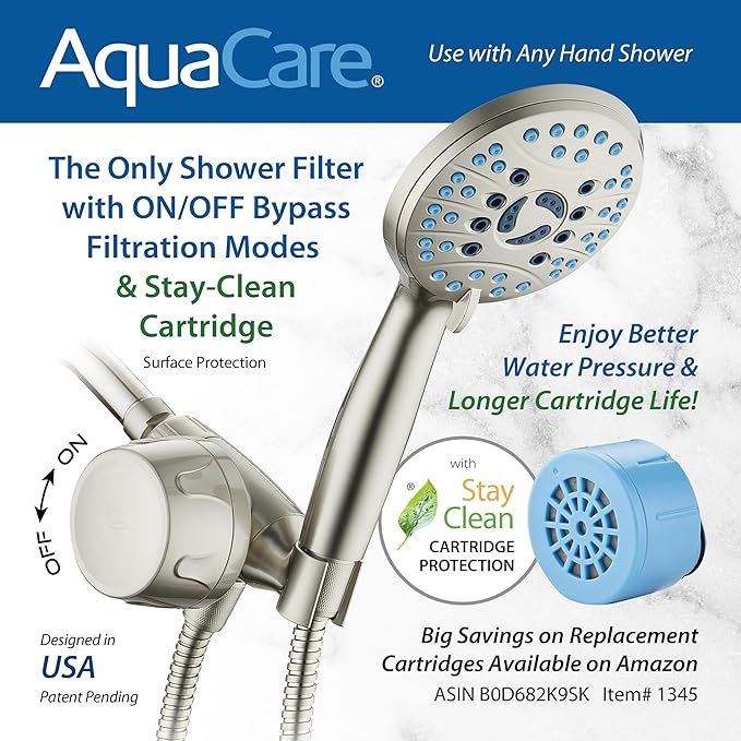 AquaCare Skin & Hair - World's Only Handheld Shower Head Filter with Built-in Hand Shower Bracket, ON/OFF Filtration Modes, Instant Cartridge Reload & Stay-Clean American KDF Cartridge, Satin Nickel