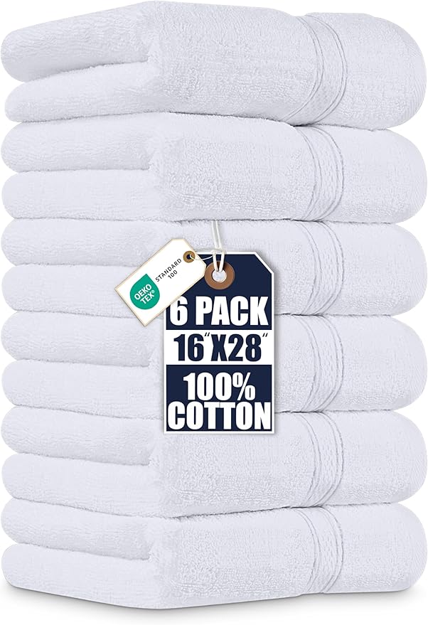 Utopia Towels 6 Pack Premium Hand Towels Set, 16 by 28 inches, 100% Ring Spun Cotton, Ultra Soft and Highly Absorbent 600GSM Towels for Bathroom, Gym, Shower, Hotel, and Spa, White