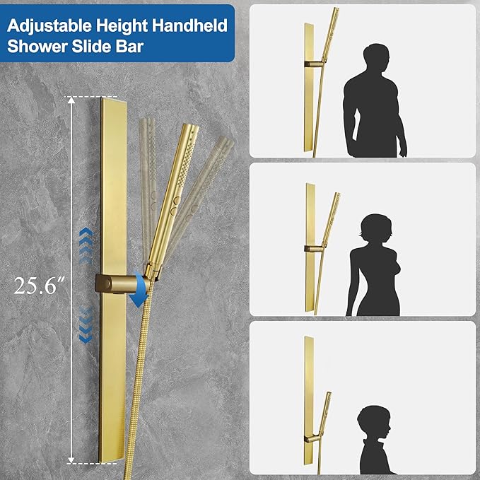 Brushed Gold 12" Rainfall Shower System with Handheld & Body Jets, Wall-Mounted Rain Shower Kit with Slide Bar Combo, Pressure-Balanced Valve with Tempered Glass Shelf & Waterfall Spout Shower Set