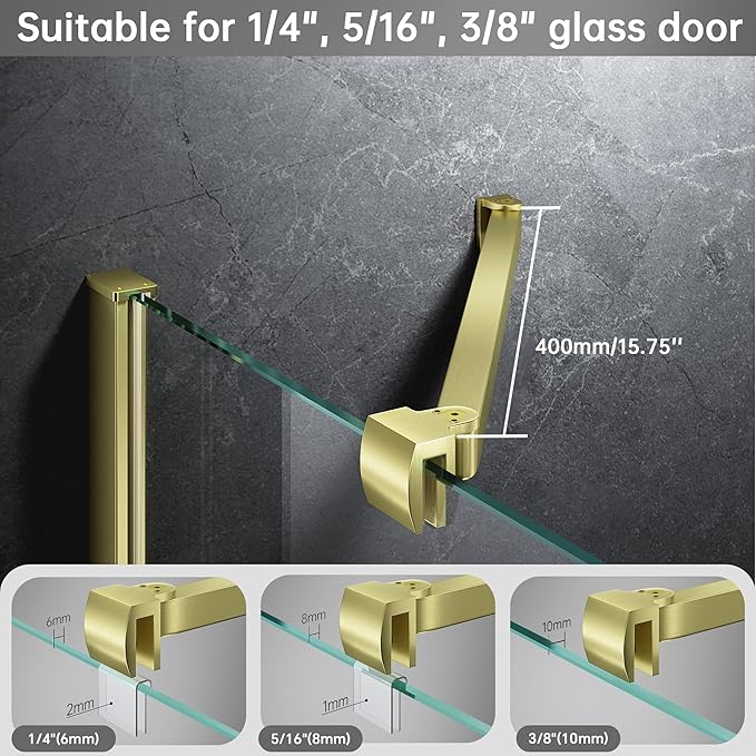 Frameless Shower Door Support Bar, Stainless Steel Wall-to-Glass Support Arm to Fixed Shower Glass Panel, for 1/4"-3/8" (6-10 mm) Door, 180° Pivot & Stow-Flat Mode (Brushed Gold, 15.8-inch(400mm))