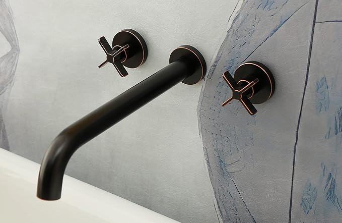 Wall Mount Tub Filler,Two Cross Handle Bathtub Faucet,Extra Long Spout Reach with High Water Flow,Brass Rough in Valve Included,Oil Rubbed Bronze