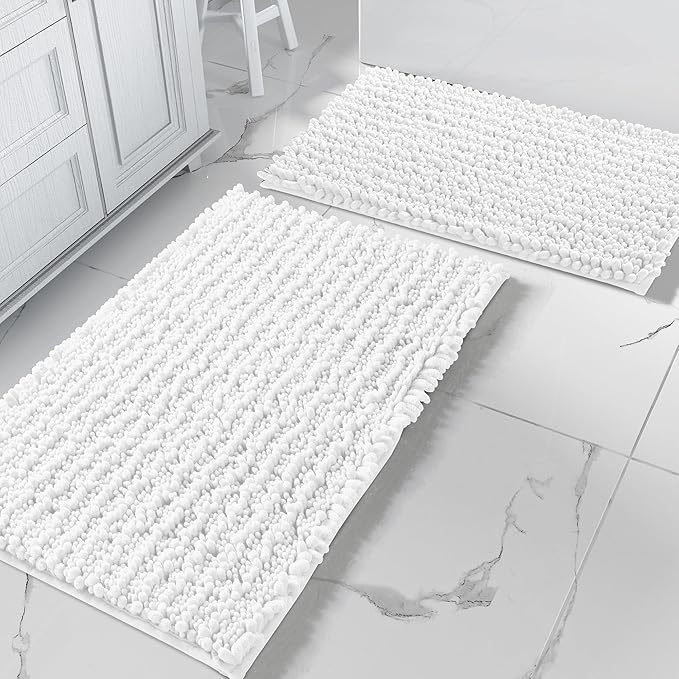 Yimobra Bathroom Rugs Sets 2 Piece - Quick Dry Extra Thick Luxury Chenille Bath Mat, Non Slip Super Absorbent for Tub Shower Sink, Machine Washable Shaggy Floor Mat, 32"x20"+24"x17" Inch, White