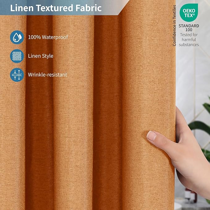 2-in-1 Waterproof Fabric Shower Curtain or Liner,Linen Textured,Breathable TPU & Washable Bathroom Shower Curtain Set with 12 Plastic Hooks,Modern,72"x72" Orange