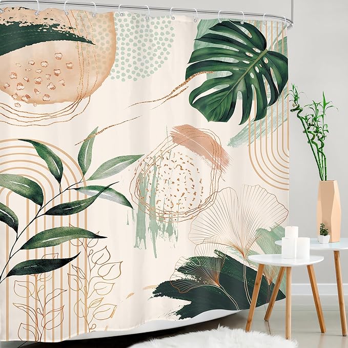 Boho Shower Curtain 72Wx84H Extra Long Bohemian Modern Mid Century Abstract Sage Green Tropical Palm Leaves Plant Bathroom Decor Minimalist Geometric Bath Curtain Fabric Polyester 12 Pack Hooks