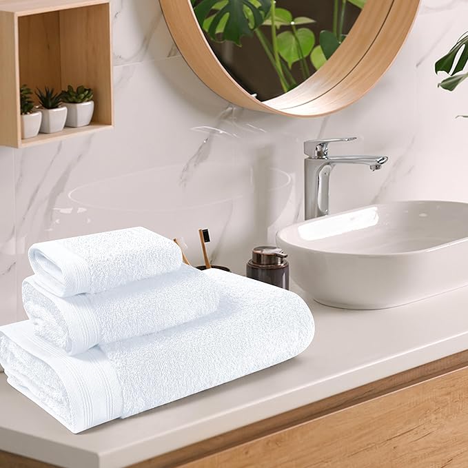 Ultra Soft 3 Pack Cotton Towel Set, Contains a Bath Towels 28x55 inch, a Hand Towels 16x24 inch & a Wash Coths 12x12 inch, Ideal Everyday use, Compact & Lightweight - White, Medium