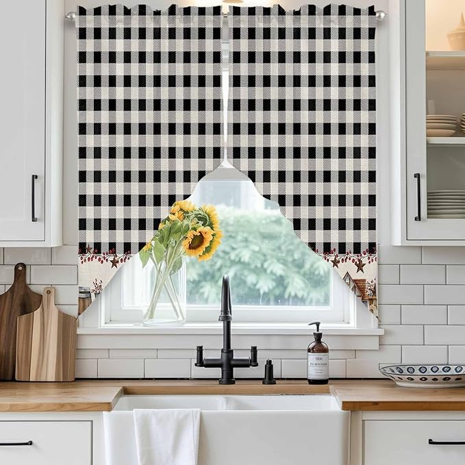 Swag Curtain Valances for Kitchen Windows, Farm Wooden House Black Buffalo - Image 5