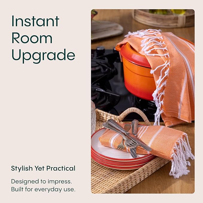 WETCAT Turkish Hand Towels with Hanging Loop, Set of 2 (20" x 30") 100% Turkish Cotton, Pre-Washed, Quick Drying, for Kitchen or Bathroom - Orange