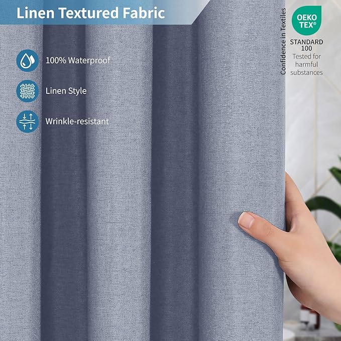 2-in-1 Waterproof Extra Long Fabric Shower Curtain or Liner,Linen Textured,96 Inch Breathable TPU & Washable Bathroom Shower Curtain Set with 12 Plastic Hooks,Modern,72"x96" Blue Gray