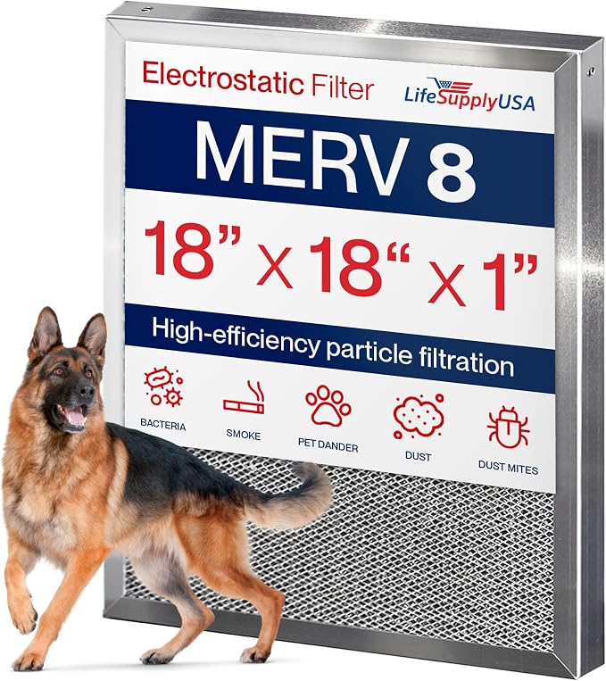 18x18x1 Electrostatic Air Filter, MERV 8, Reusable Furnace AC/HVAC Filter by LifeSupplyUSA