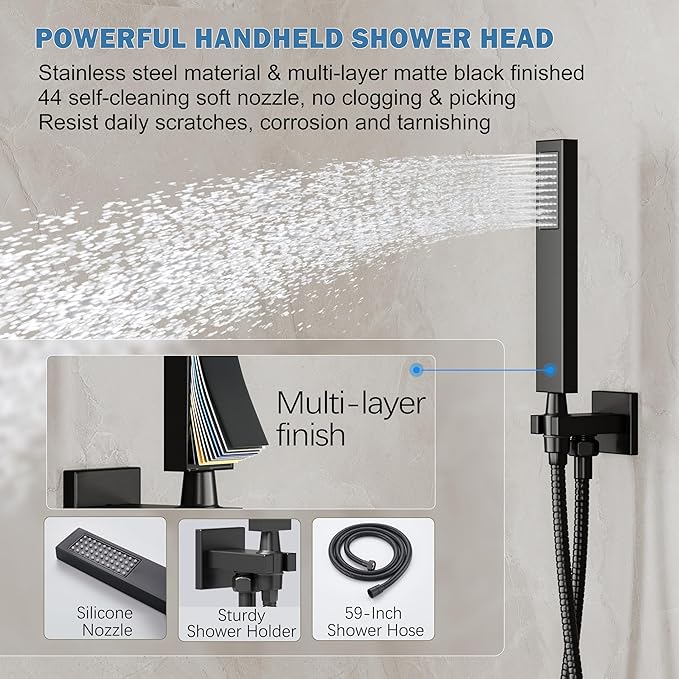 Black Shower System, Shower Faucet Set with 10-Inch Rain Showerhead and Handheld Spray, Wall Mounted High-Pressure Showerhead Combo Set Included Valve and Trim, Matte Black