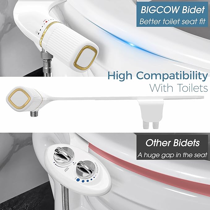 BIGCOW Ultra-Slim Bidet Attachment for Toilet - Dual Nozzle (Frontal & Rear Wash) with Adjustable Cold Water Pressure and Stainless Steel Inlet - Hygienic Solution for Fresh Cleanliness, Gold 1 Pcs
