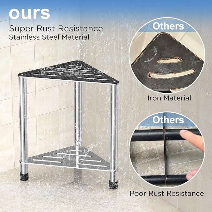 Stainless Steel Shower Stool for Inside Shower, 15.4'' H Shower Foot Rest, Corner Shower Stool with Storage Shelf, Shower Step for Shaving Legs, Bathroom Corner Shower Bench, Silver