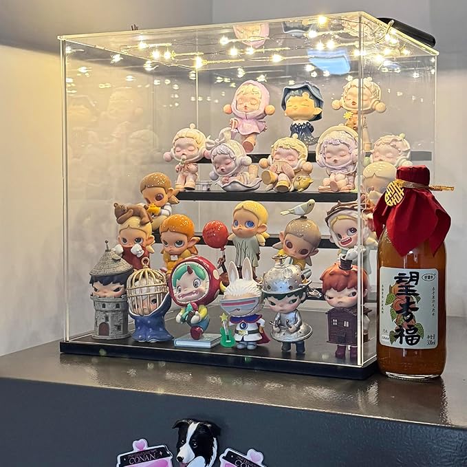 Choowin 5 Tier Clear Acrylic Display Case for Collectibles, Mini Figures, Pop Mart, Labubu, Sonny Angel, Smiski - Assemble Dustproof Acrylic Display Box with Door, Stand (Black Base Step)