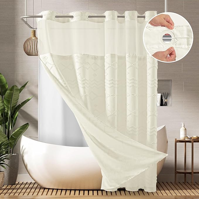 No Hooks Shower Curtain with Snap-in Liner, Beige Boho Fabric Tufted Chevron Striped Textured Shower Curtains for Bathroom, Water Repellent Hotel Quality Luxury Shower Curtain, 72Wx74H