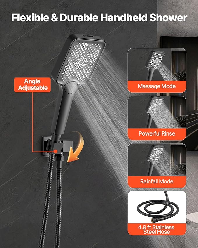 VEVOR Shower Faucet Set, 12 Inch Ceiling Mount Rainfall Shower System with 6 Inch Wall Mount Head and 4 in 1 Handheld Spray, Rotatable 3-Function Dual Rain Head Brass Valve and Trim Kit, Matte Black