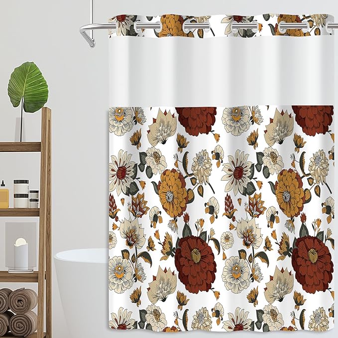 No Hook Shower Curtain Set with Snap in Fabric Liner for Bathroom,with See Through Top Window,Double Shower Curtain with Detachable Liner Replacement,Machine Washable,Boho Flowers,71"x 74"