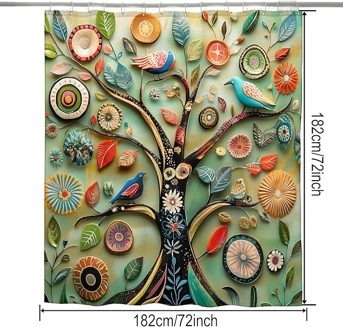 Bohemian Shower Curtain, Boho Floral Print Water Repellent Polyester Fabric for Bathroom Decor, 72×72 Inch Standard Size with 12 Hooks, Also as Room Divider