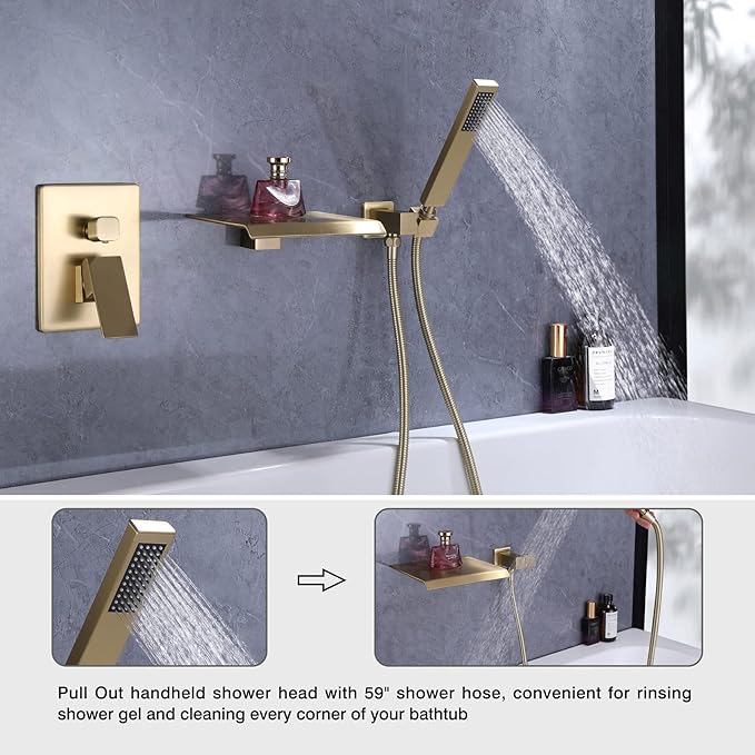 Taplong Wall Mount Tub Faucet with Waterfall Tub Spout Tub Faucet Set Wall Mounted Bathtub Faucet with Handheld Sprayer Brushed Gold Modern Bathroom Tub Filler Rough-In Valve Included-91266BG