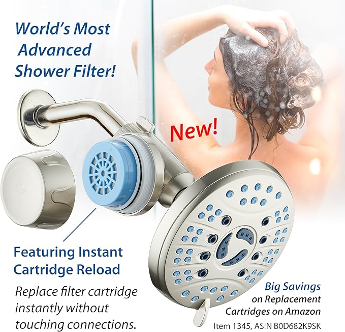AquaCare Skin & Hair - World's Only Universal Shower Water Filter for All Shower Head Types with ON/OFF Filtration Modes, Instant Cartridge Reload & Stay-Clean American KDF Cartridge, Satin Nickel