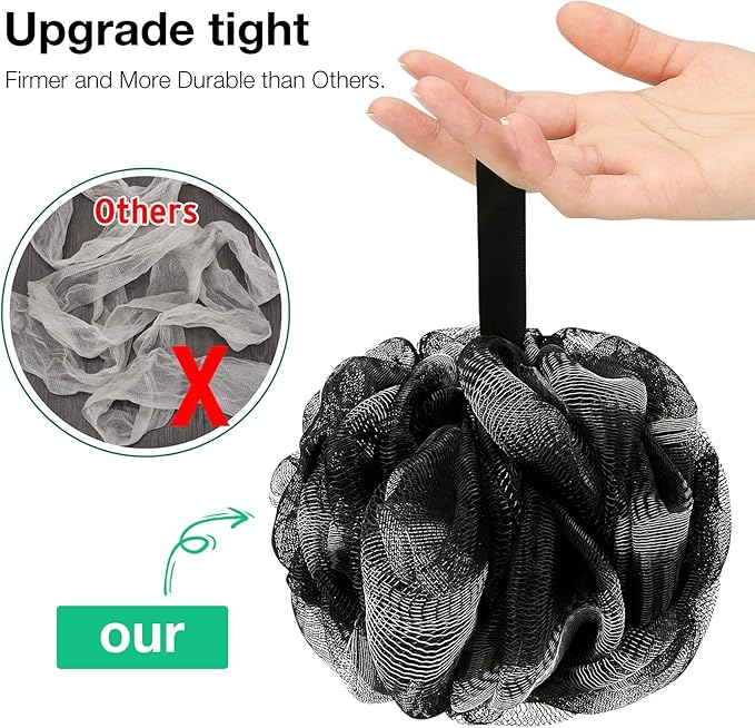 Bath Shower Loofah Sponge 60g Bath Mesh Pouf Shower Ball Body Scrubber Exfoliating Bath Sponge for Women and Men, Set of 4, Black