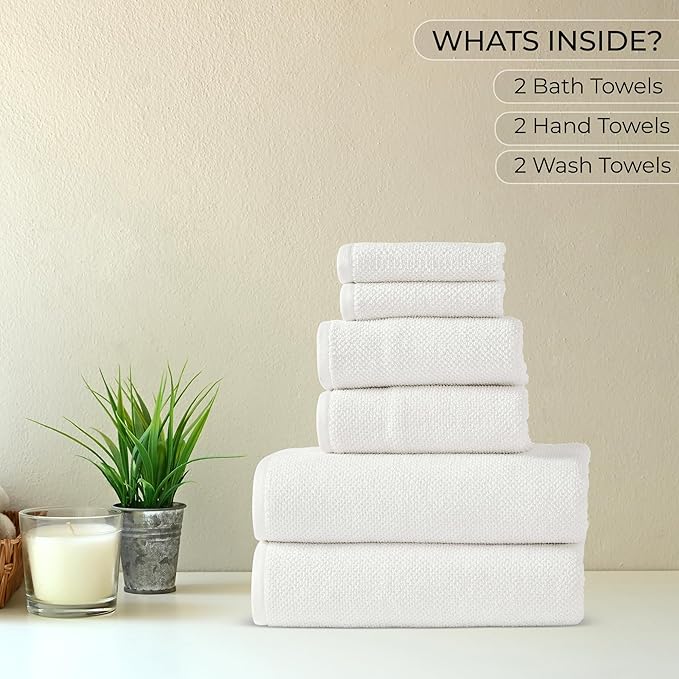 6-Piece Towel Set, 680 GSM, 2 Bath Towels, 2 Hand Towels, 2 Wash Cloths,100% Cotton Premium Quality, Ultra Soft, Super Absorbent Popcorn Textured Weaved for Spa, Hotels & Bathroom-Ivory/Cream