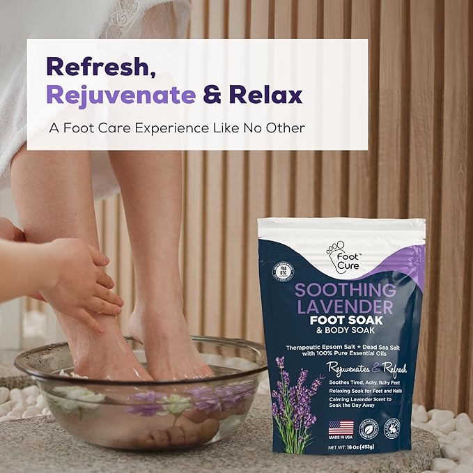 FOOT CURE Tea Tree Oil & Soothing Lavender Foot Soak with Epsom Salt - Best Toenail Treatment & Softens Calluses - Soothes Sore & Tired Feet, Foot Odor Scent, Spa Pedicure - 16 oz (Pack of 2)