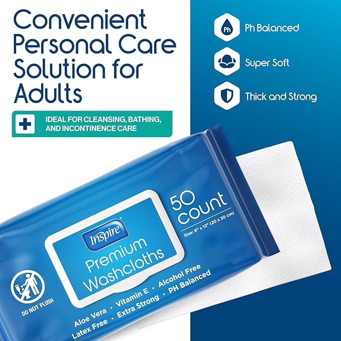 Inspire Adult Wet Wipes, Wash Cloths | Adult Wipes for Incontinence & Cleansing for Elderly, 8"x12" (50 Count (Pack of 1))