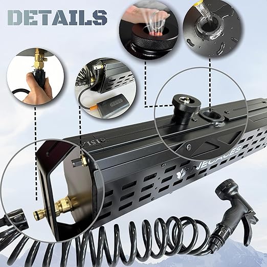 4.5Gallon Pressurized Water Tank,Portable Aluminum Camping Shower Water Storage with Spray Hose for Outdoor Activities Water Supply.Side Mounted on The Gantry of a Pickup Truck.