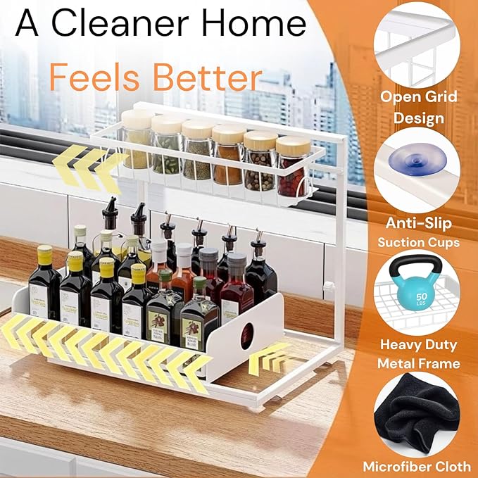 Under Sink Organizer, 2 Pack, 2 Tier Pull Out Sliding Shelf, Adjustable Height, Heavy Duty, Cabinet Organizer for Kitchen Bathroom, Tool-Free Install White