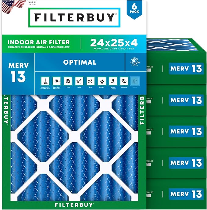 Filterbuy 24x25x4 Air Filter MERV 13 Optimal Smoke & Allergy Defense, by Filterbuy