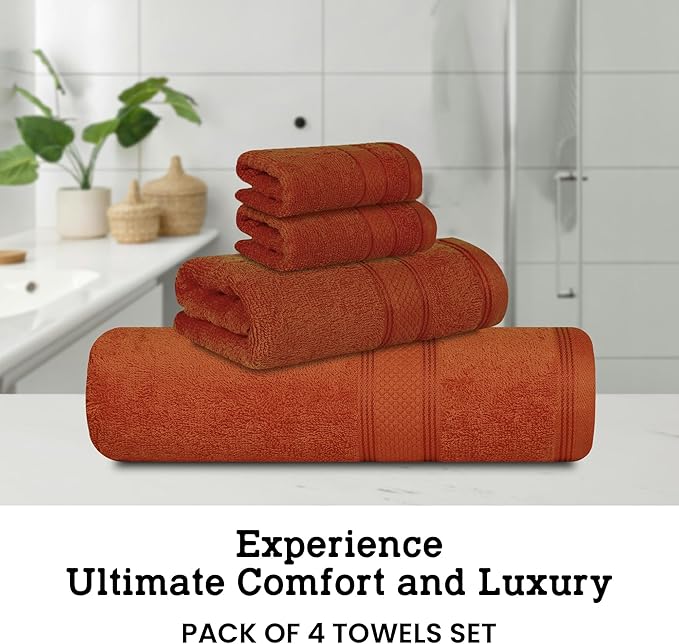 Casa Lino 4 Piece Bath Towel Set | 1 Bath Towel, 2 Wash Cloth, 1 Hand Towels | Bathroom Essentials for New Home, 100% Cotton Luxury Towels, Highly Absorbent Bathroom Set, Coral Orange.