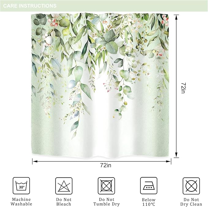 Riyidecor Colorful Floral Flowers Shower Curtain for Bathroom Decor 72Wx72H Spring Watercolor Leaves with Floral Plants Botanical Rustic Art Printed Fabric Polyester Waterproof 12 Pack Plastic Hooks