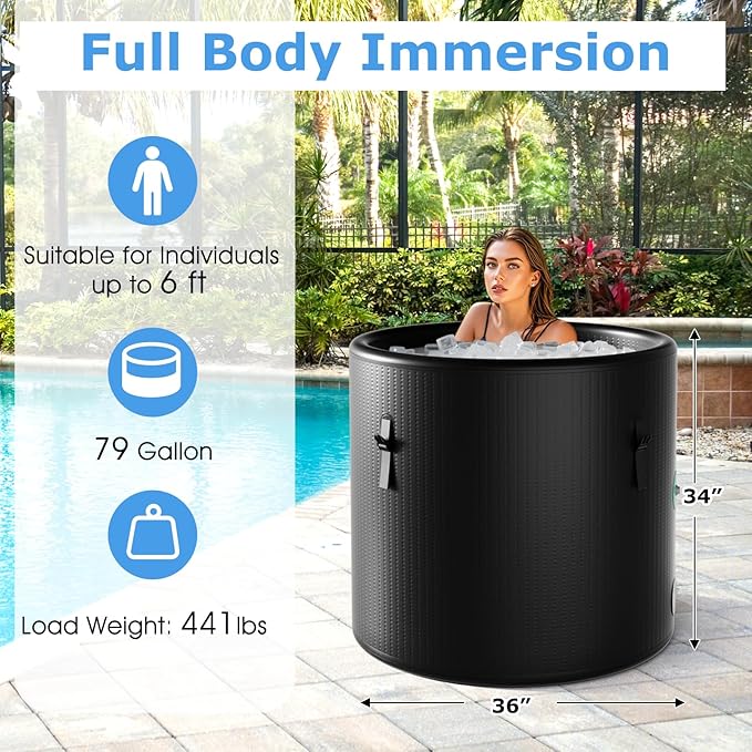 Goplus 79 Gal Ice Bath Tub for Athletes, Inflatable Cold Plunge Tub w/Multiple Layered, Lid, Pump, Backpack, Water Chiller Compatible Portable Freestanding Ice Bath for Adults (79 Gal Round, Black)
