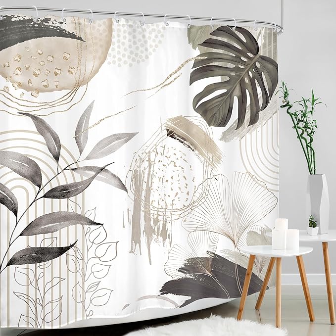 Gray Boho Shower Curtain 72Wx72H Tropical Palm Leaves Bohemian Botanical Abstract Modern Mid Century Bathroom Decor Geometric Plant Minimalist Gray Bath Curtain Fabric Polyester 12 Pack Hooks