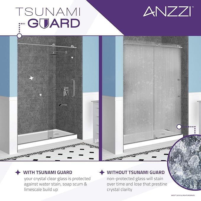 ANZZI 72" x 30" Frameless Shower Door in Brushed Nickel, Water Repellent Glass Shower Door with Seal Strip Parts and Handle, 3/8 Glass Hinged Shower Door with Handle,Series (SD-AZ09-02BN)