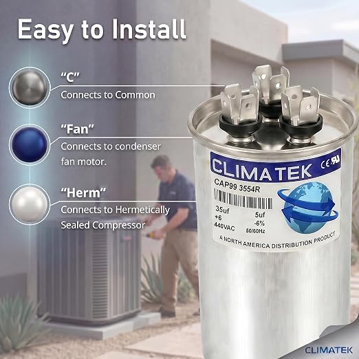 ClimaTek 35 + 5 MFD 370/440 Volt Dual Run Capacitor CAP99-3554R | 35/5 VAC | - Image 3