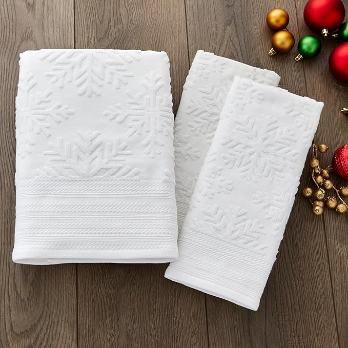 SKL Home Christmas/Winter Subtle Snowflakes Hand Towel 2pc Set for Bath/Kitchen/Bar & Gift, White