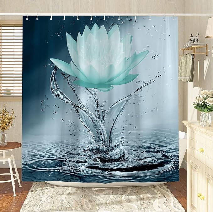 Lotus Shower Curtain Black White Teal Flower Elegant Blooming Floral with Dew Spring Flower Reflection on Water Modern Romantic Polyester Fabric Bathroom Decor 36×70 Inch with Hook