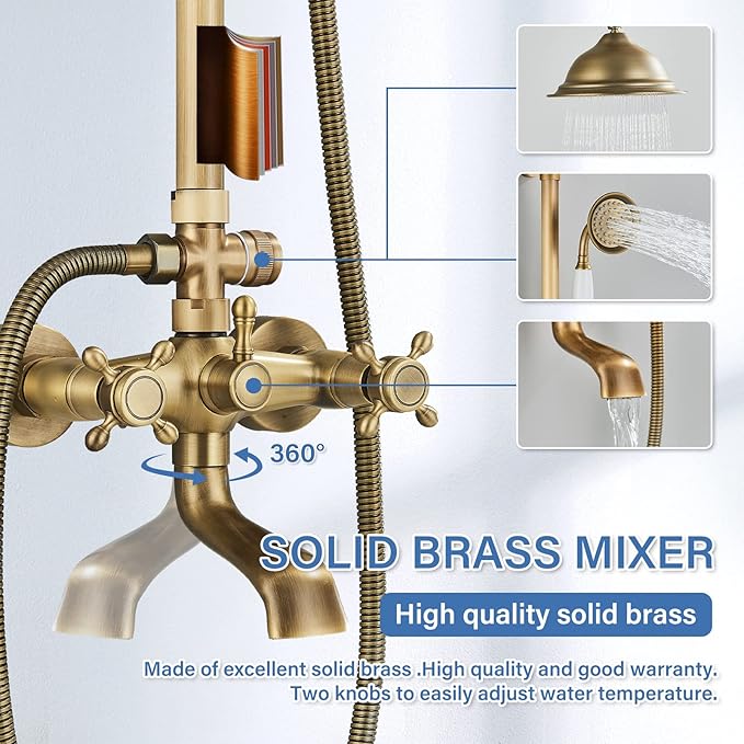 Antique Brass Shower System Bathroom Shower Faucet Set with 8 Inch Shower Head Handheld Spray and 360 ° Rotation Tub Spout 2 Cross Handles Outdoor Shower Fixtures