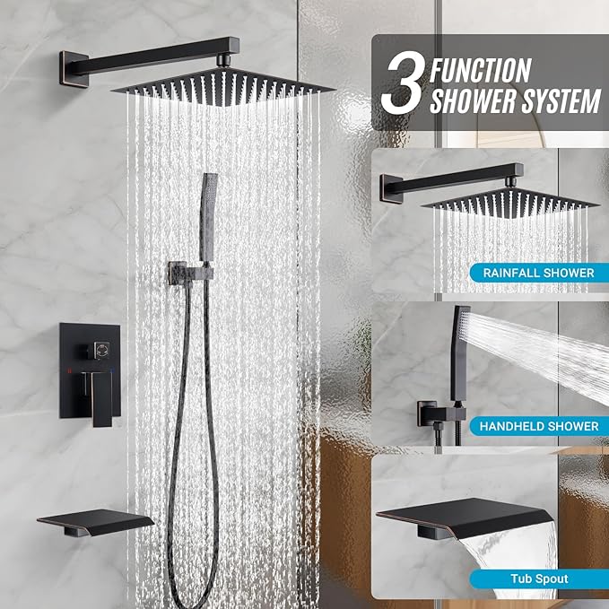 Rain Shower Faucet Set Wall Mounted Rainfall with Tub Spout Shower Head System Rough-in Valve Body and Trim Included Oil Rubbed Bronze (10 Inches)
