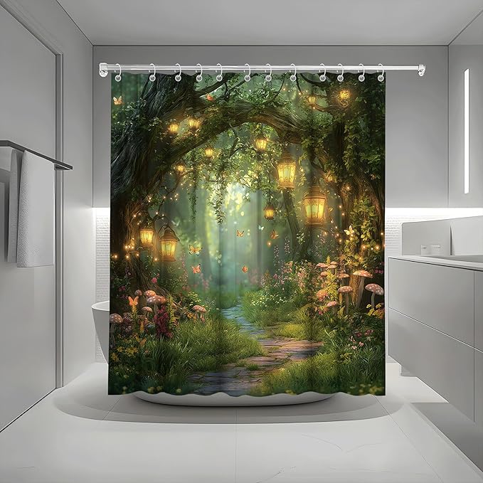Fantasy Forest Path Shower Curtain Fairy Magical Enchanted Misty Jungle Mushroom Floral Tree Butterfly Lantern Wonderland Plant Bath Curtain Fabric Bathroom Accessories Decor with Hooks 84W x70L
