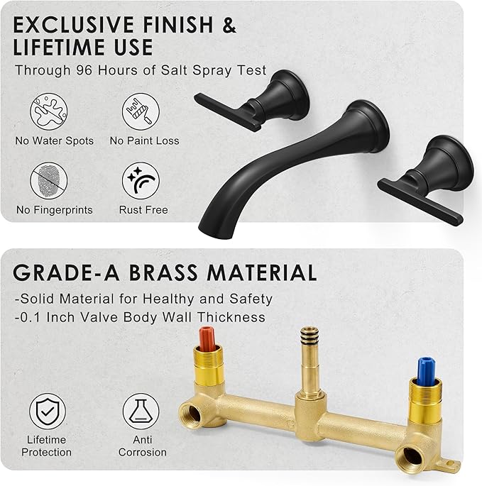 Brass Tub Filler Wall Mount 3 Hole, Farmhouse Black Tub Faucet, High Pressure 2 Handle Matte Black Bathtub Faucet Set with Long Spout Reach, Rough-in Valve