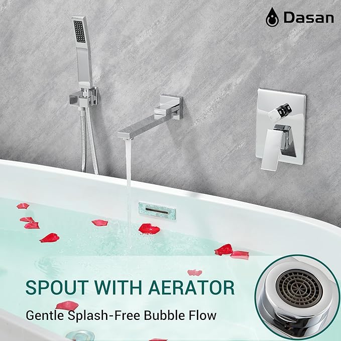 DASAN Swiveling Wall Mount Tub Filler Faucet Set with Hand Held Shower, Chrome Modern Creative Bathtub Faucet Wall Mounted Bath Tub Faucet with High Flow Rough in Valve, SA-TF05WH-PC