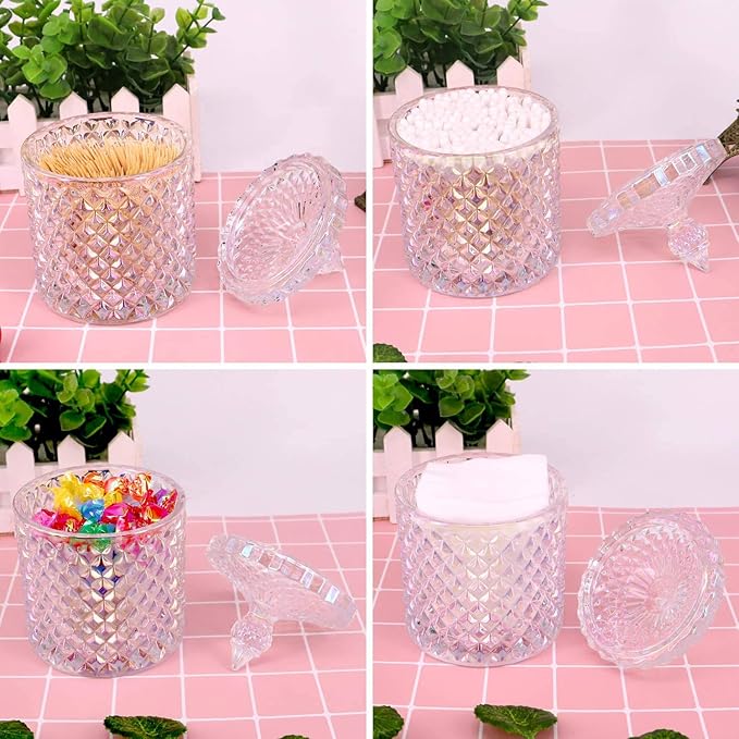 Colorful Home Decorative Jar Qtips Holder Dispenser Glass Storage Container Bathroom Counter Vanity Organizer for Bath Salts/Swabs/Rounds Makeup Sponges Toothpick Jewelry(Sparkling, 10 oz)