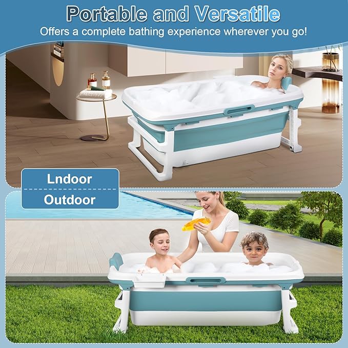 Portable Folding Bathtub for Adults, 51" Foldable Soaking Tub with Thermal Cover & Massage Roller, Large Collapsible Bathtub Freestanding, Ice Bath Tubs for Cold Plunge Spa Home Camping Trave