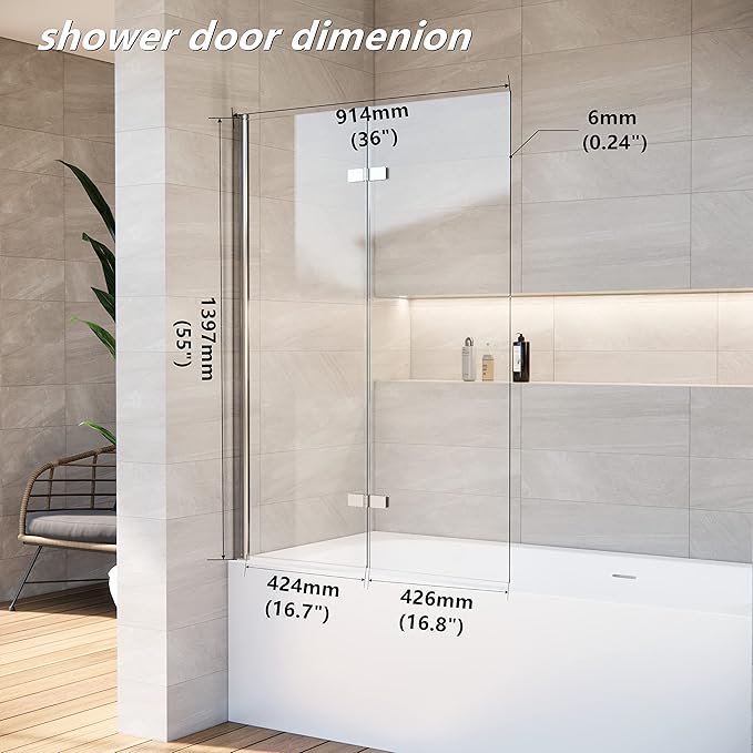 36 * 55 Inch Bathtub Shower Door,Bathroom Door with Bottom Seal,Liftable and Foldable Glass Door,Rectangular Bathtub Screen,Installed on Left and Right Sides