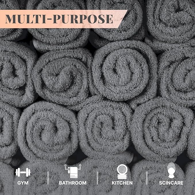 Wealuxe Dark Gray Washcloths 48 Pack - 600 GSM 100% Ring-Spun Cotton Wash Cloths for Showering, Highly Absorbent and Soft | 12x12 Inches