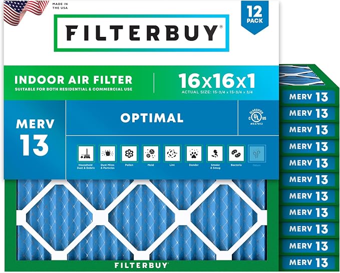 Filterbuy 16x16x1 Air Filter MERV 13 Optimal Smoke & Allergy Defense, by Filterbuy