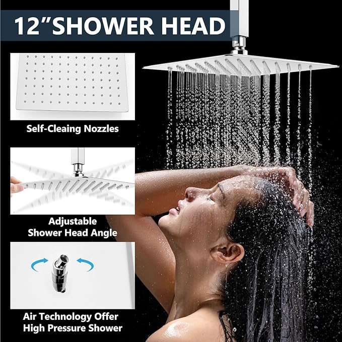 Aolemi Shower Faucet Set Ceiling Mount Shower System Rough-in Valve and Shower Trim Kit 12 and 6 Inch Dual Shower Head 2 in 1 Handheld Spray Push Button Diverter Polish Chrome