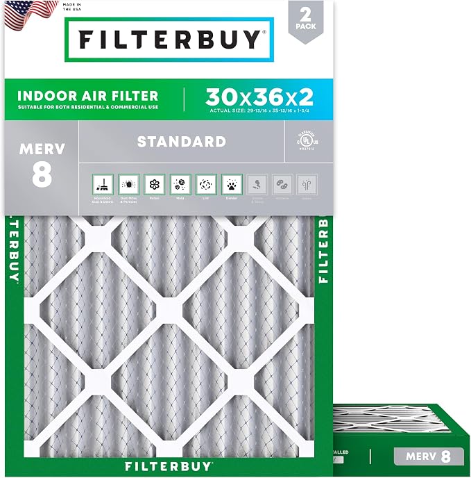 Filterbuy 30x36x2 Air Filter MERV 8 Essential Dust & Allergy Defense, by Filterbuy